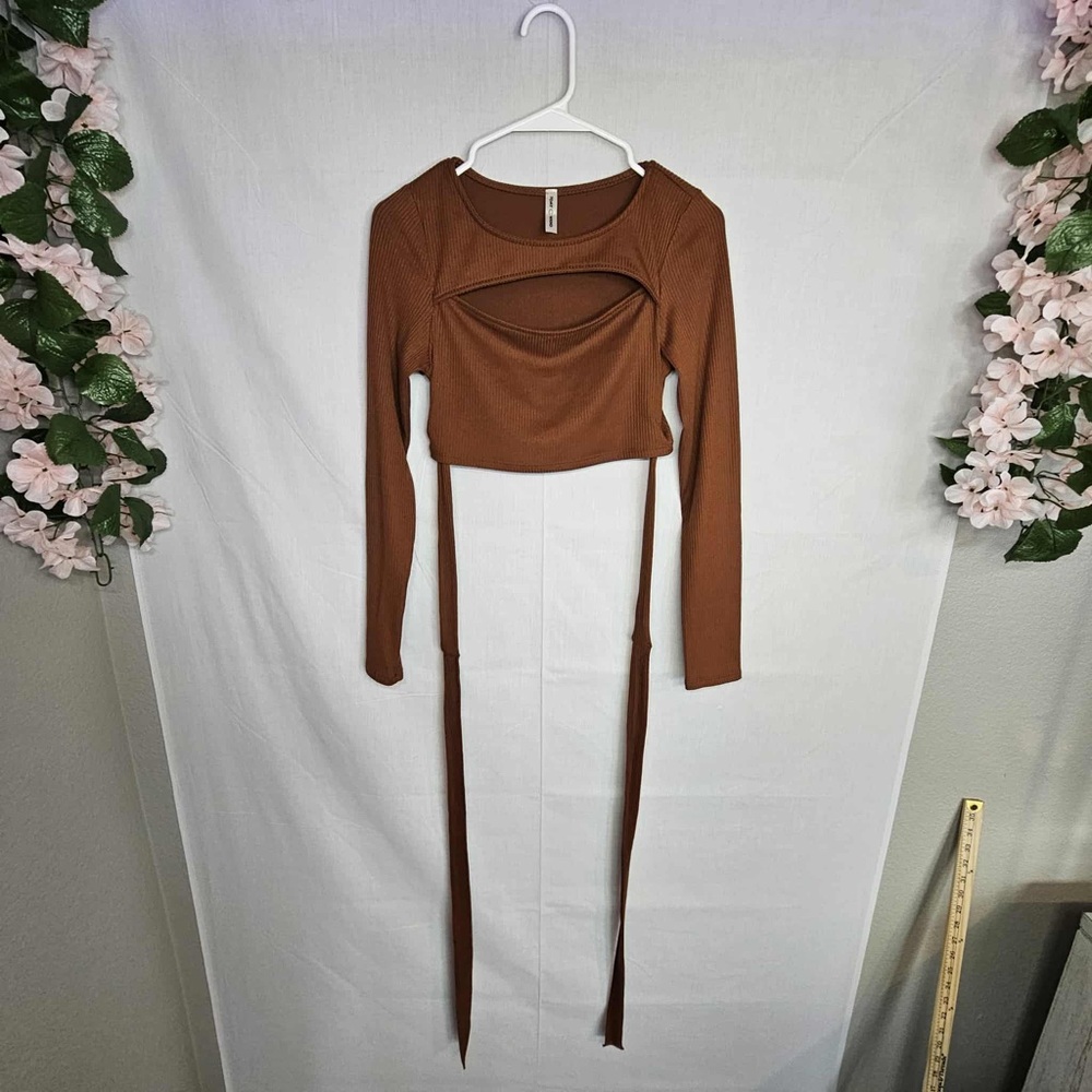 7DAY WKND Orange Ribbed Knit Long Sleeve Crop Top Cutout Tie Size Medium